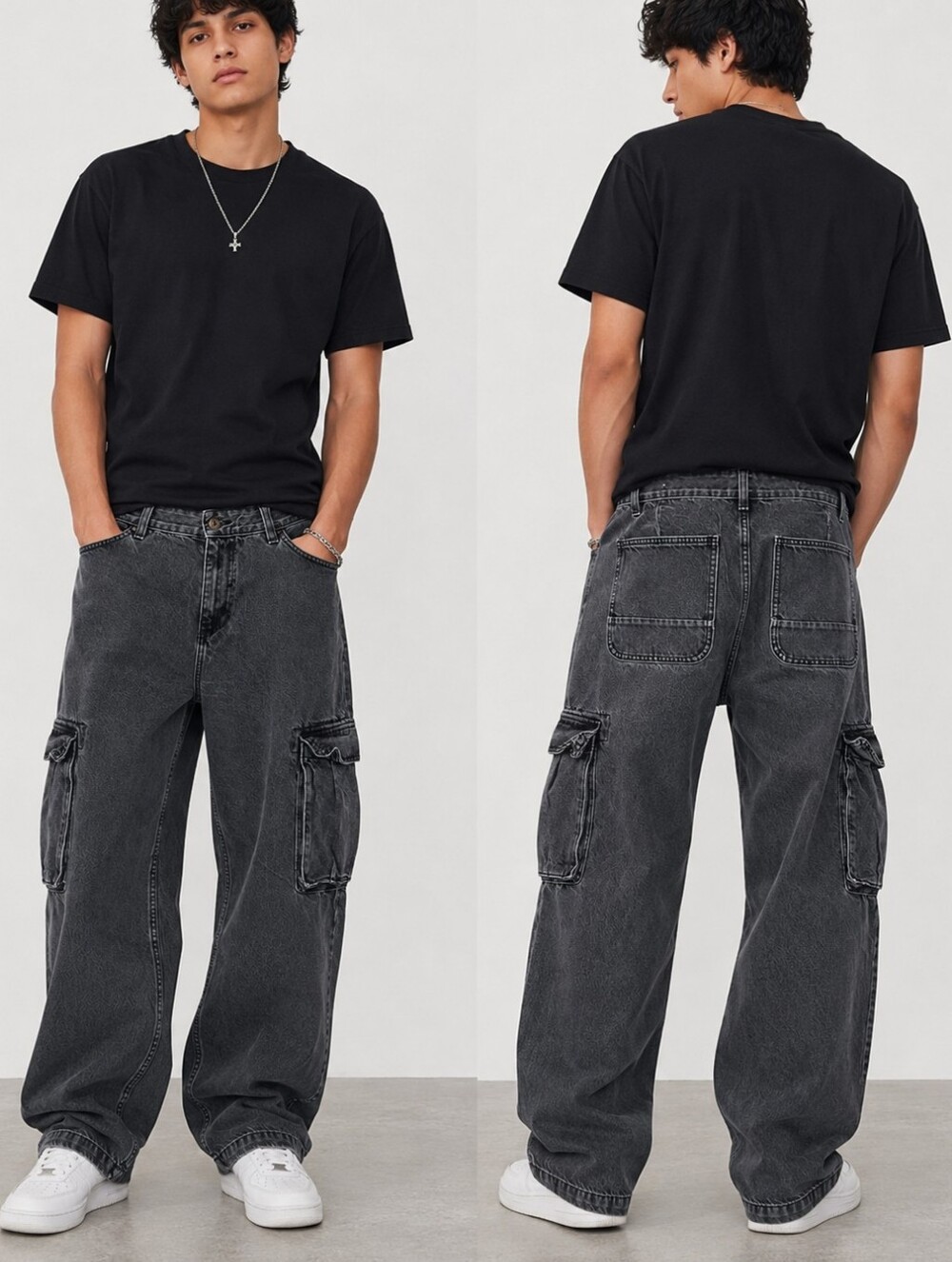 Zara Black Wash Denim Cargo Jeans – Size 34 (EUR 44)